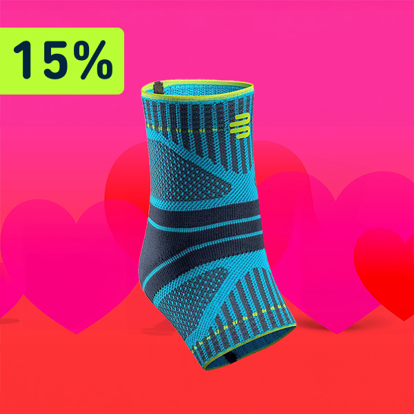 Een rode en roze achtergrond met in het midden “Ankle Support Dynamic”. Daarboven staat een verwijzing naar 15% korting. 