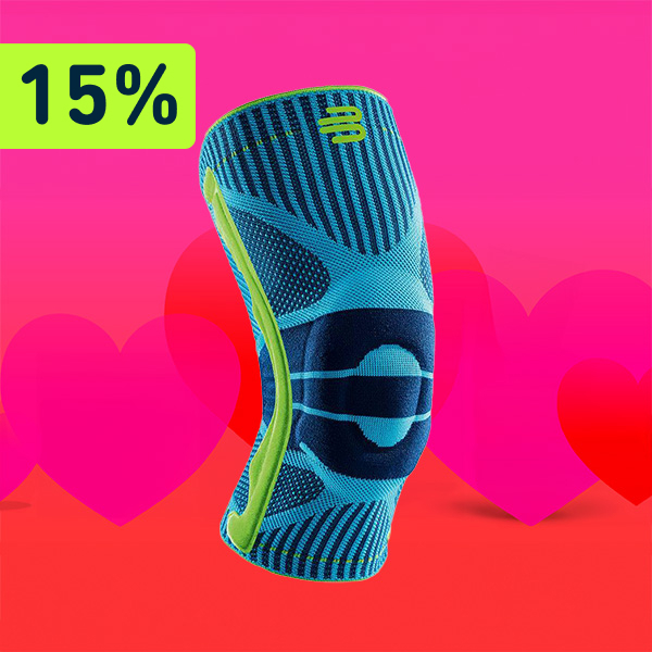 Een rode en roze achtergrond met in het midden “Sports Knee Support”. Daarboven staat een verwijzing naar 15% korting. 