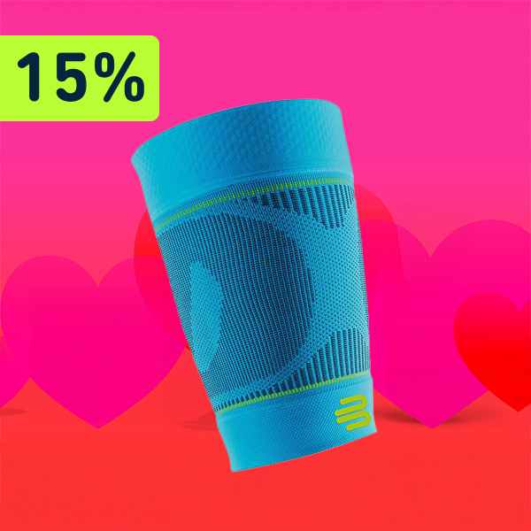 Een rode en roze achtergrond met in het midden “Sports Compression Sleeves Upper Legs”. Daarboven staat een verwijzing naar 15% korting. 