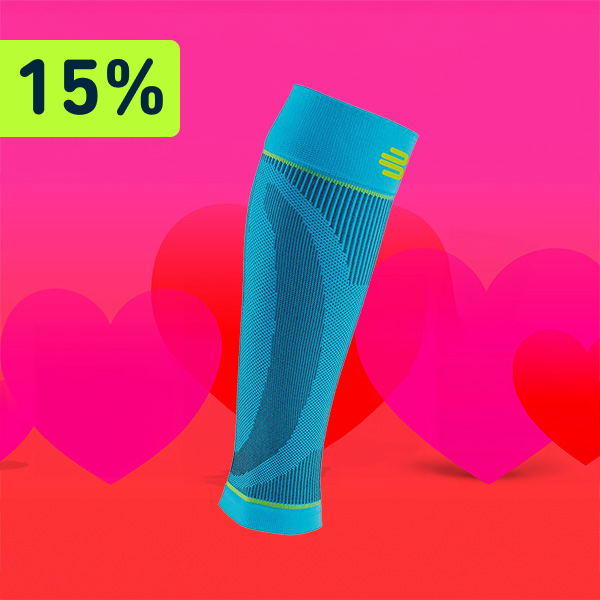 Een rode en roze achtergrond met in het midden “Sports Compression Sleeves Lower Leg”. Daarboven staat een verwijzing naar 15% korting. 