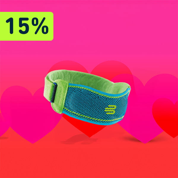 Een rode en roze achtergrond met in het midden “Sports Knee Strap”. Daarboven staat een verwijzing naar 15% korting. 